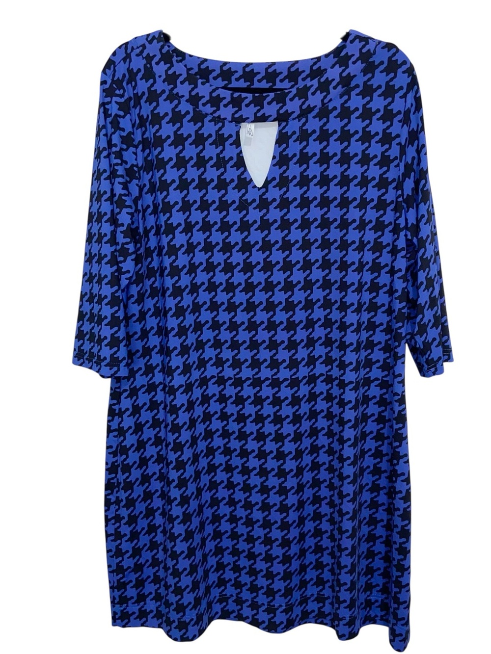 Lulu-B Dress Womens XL Blue Black Houndstooth Smooth Stretch Coastal Resortwear